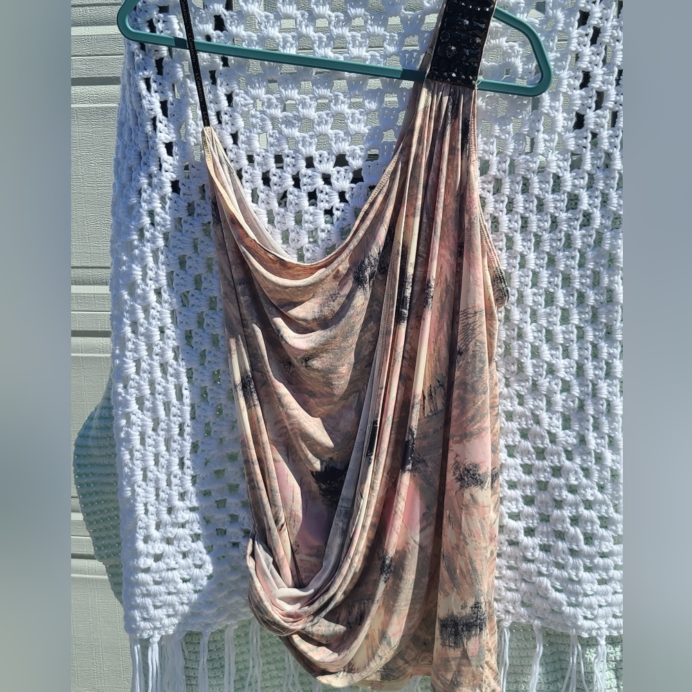 NWT Torrid Size 3 Z Cavaricci Pink/Black/Gray/Ivory One shoulder jeweled top